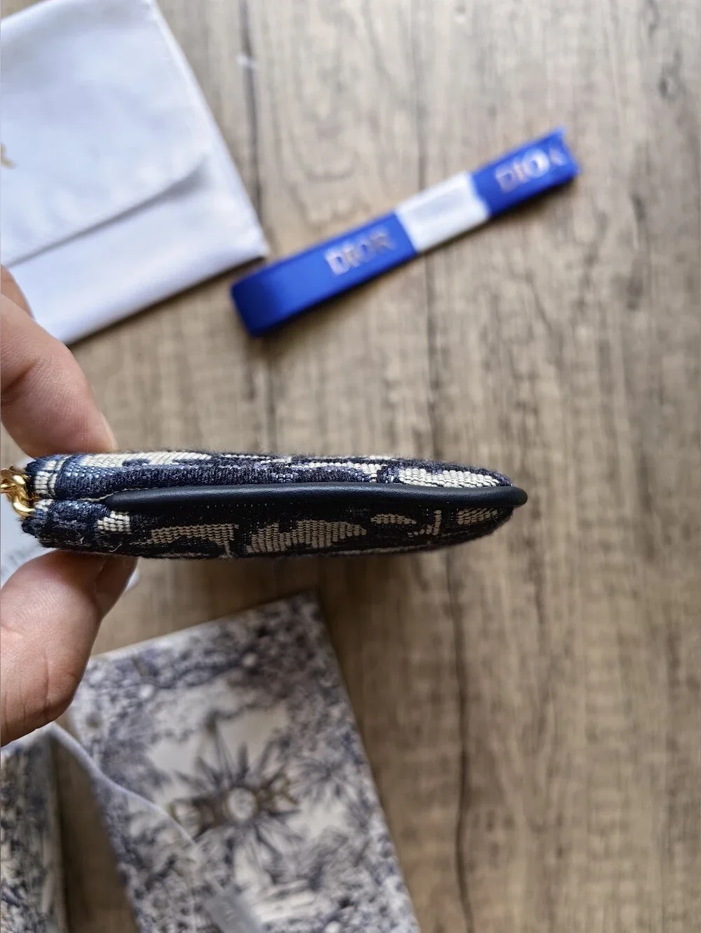 Dior Navy Blue and Cream Oblique Canvas Card Pouch with Gold Hardware